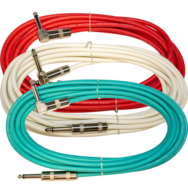 Bundle &ndash; 3&times; 20ft Instrument Cables (Green, Red, White) &ndash; Right-Angle & Straight Connectors